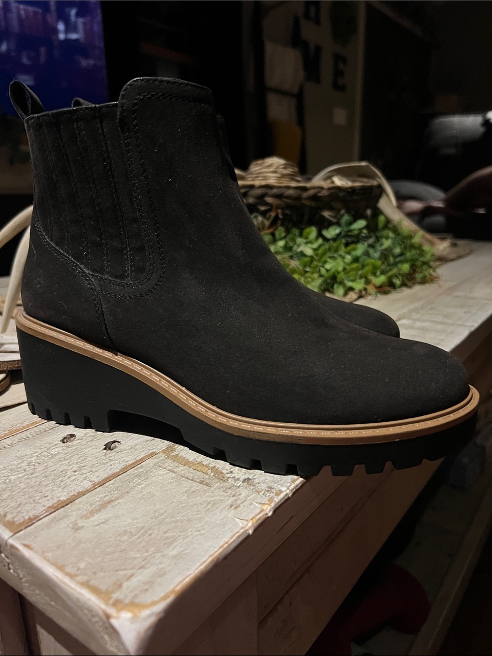 MIA Black Suede Lug Chelsea Booties with Tan Contrast Welt